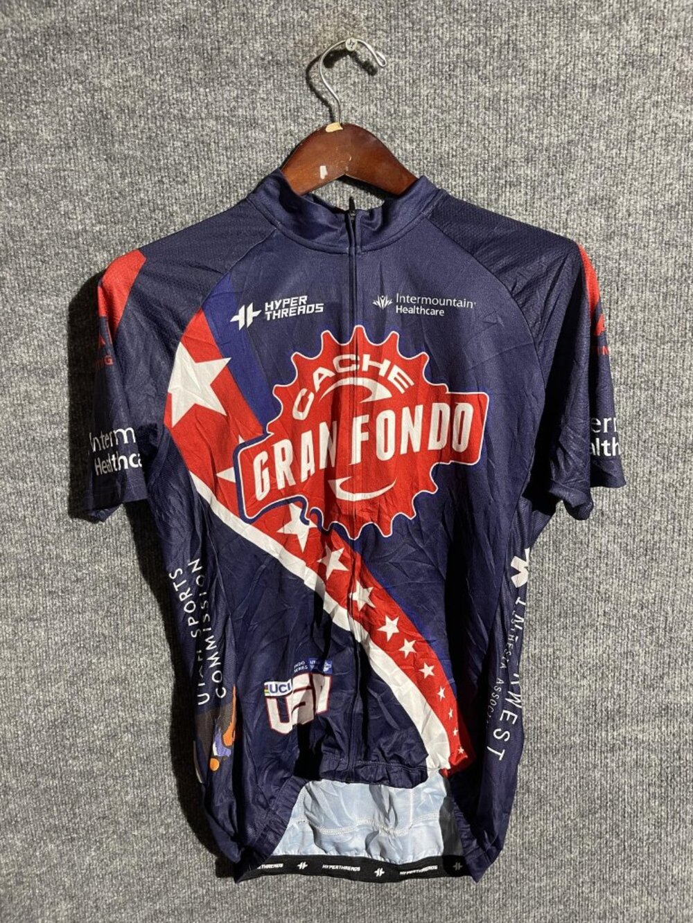 Hyper Threads Cycling Jersey Mens Large Blue Cache Gran Fondo Full Zip Pockets